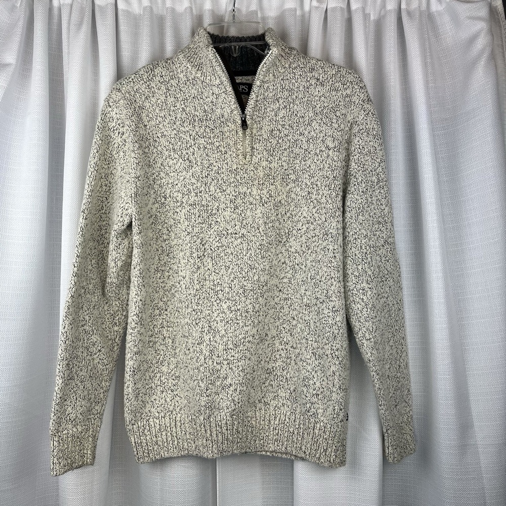 Chaps Men's Small Beige W/ Gray Heather 1/4 Zip Pullover Sweater Long Sleeve